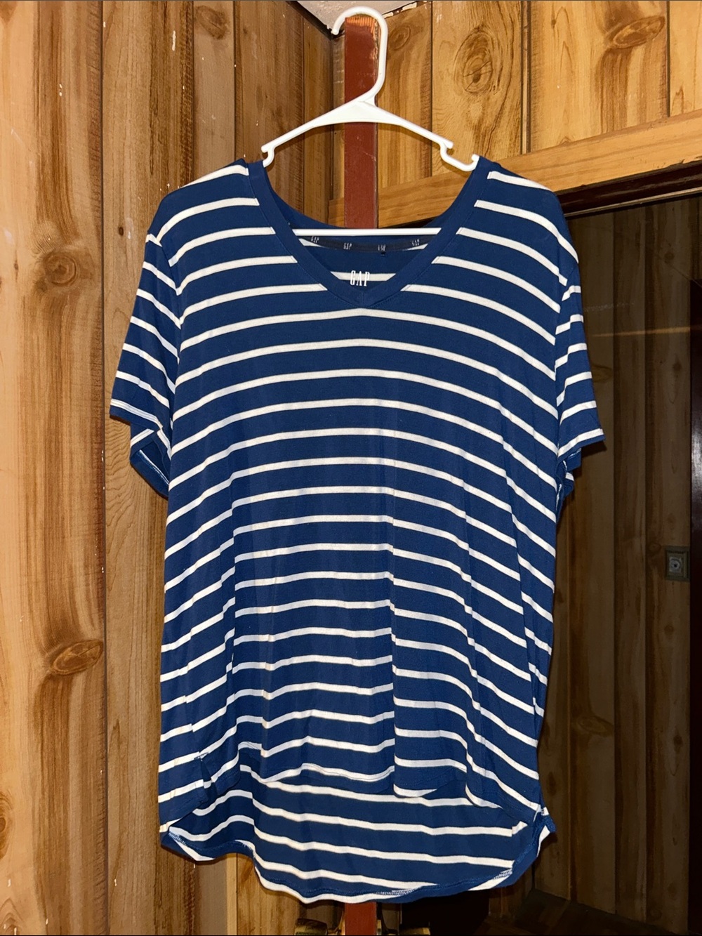 GAP Blue and White Striped V-Neck Short Sleeve Tee